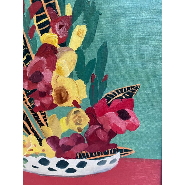 Colorful Mid Century Abstract Still Life Oil Painting by Doris Doyle Dated 1956 For Sale - Image 4 of 7