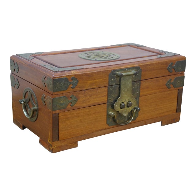 Late 20th Century George Zee Chinese Chinoiserie Rosewood Brass Longevity Jewelry Chest Box 12" For Sale