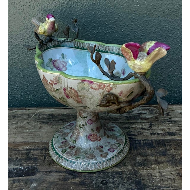 Vintage Glazed Ceramic Floral Bird Urns - A Pair For Sale - Image 11 of 12