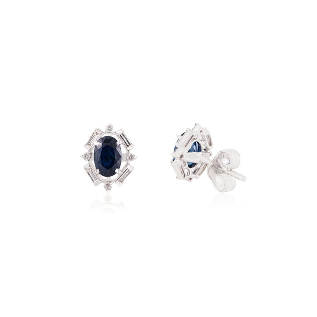 Not Yet Made - Made To Order Art Deco Inspired Blue Sapphire & Diamond Halo Stud Earrings in 14k Gold- A Pair For Sale - Image 5 of 12