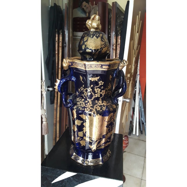 Huge 19thc French Antique Cobalt Porcelain with Gilt Insect/ Floral Form Covered Palace Vase/ Urn. This is a very large...