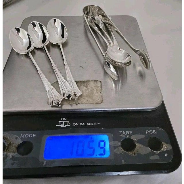 Antique Sterling Silver Teaspoon & Tongs Set, 1908, Set of 7 For Sale - Image 14 of 18