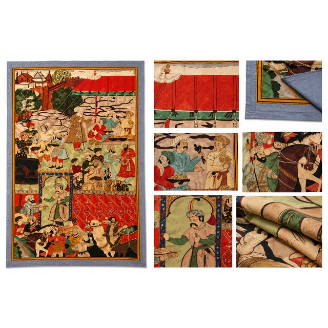 An exceptional large-scale handcrafted tapestry depicting a lively Mughal court celebration filled with noble figures,...