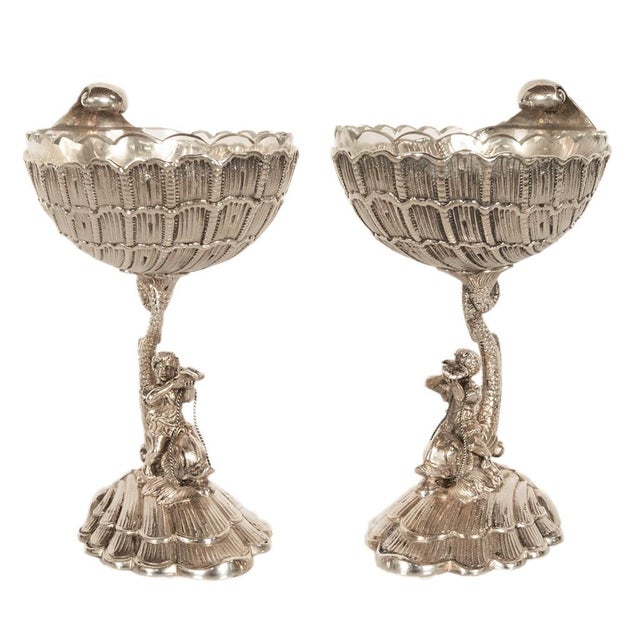Antique Pair German Silver Master Salts Grotto Shells Putti Dolphins Hannau 1890 For Sale - Image 9 of 17