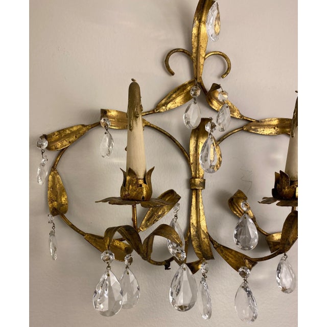 Metal Pair of Maison Baguès Style Sconces or Maison Jansen Style Brass and Crystal Wall Sconces For Sale - Image 7 of 10