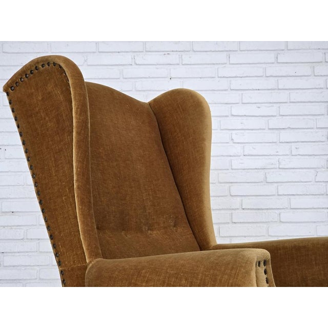 Mid-Century Modern Danish High Back Armchair in Furniture Velour and Oak Wood Legs, 1970s For Sale - Image 3 of 16