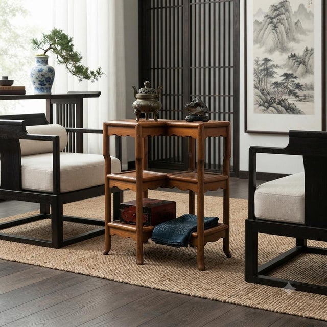 Oriental Two Tier Double Rhombus Light Brown Side Table Stand For Sale In San Francisco - Image 6 of 10