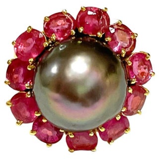 Bochic “Orient” Tahiti South Sea & Multi Ruby Cluster Ring Set 18K & Silver, Size 8.5 For Sale