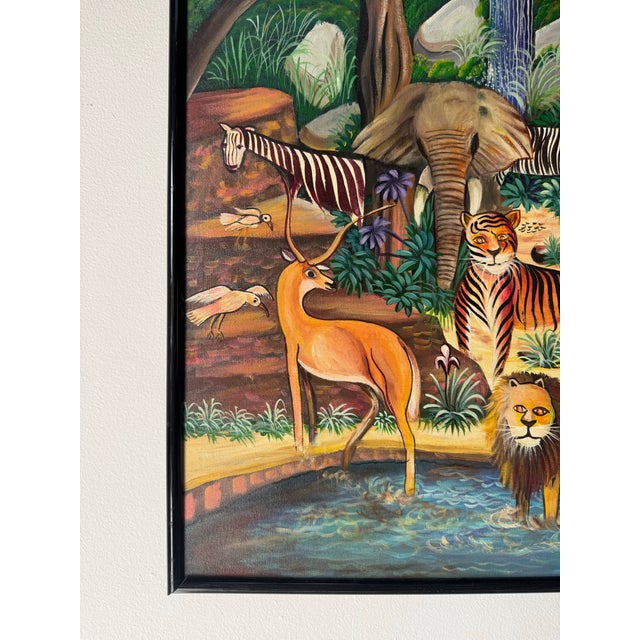 Wood 1970’s Vintage Haitian Naïve Tropical Jungle Landscape Oil on Canvas Painting by J. Remy Etienne For Sale - Image 7 of 11