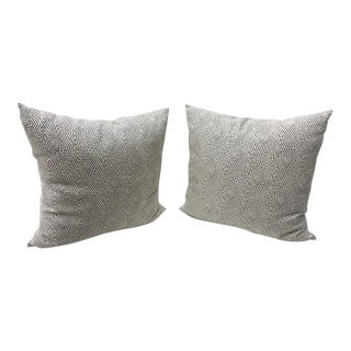 Custom Cream Linen Navy Geometric Design Pillows - A Pair For Sale