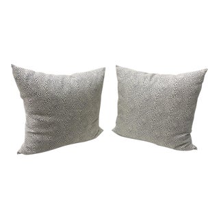 Custom Cream Linen Navy Geometric Design Pillows - A Pair For Sale