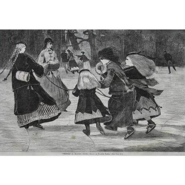 American Antique Harper's Weekly Winslow Homer Winter a Skating Scene 1868 Wood Engraving For Sale - Image 3 of 11