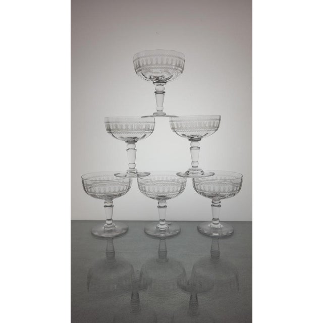 Vintage Engraved Crystal Champagne Glasses, 1920s, Set of 7 For Sale - Image 4 of 11