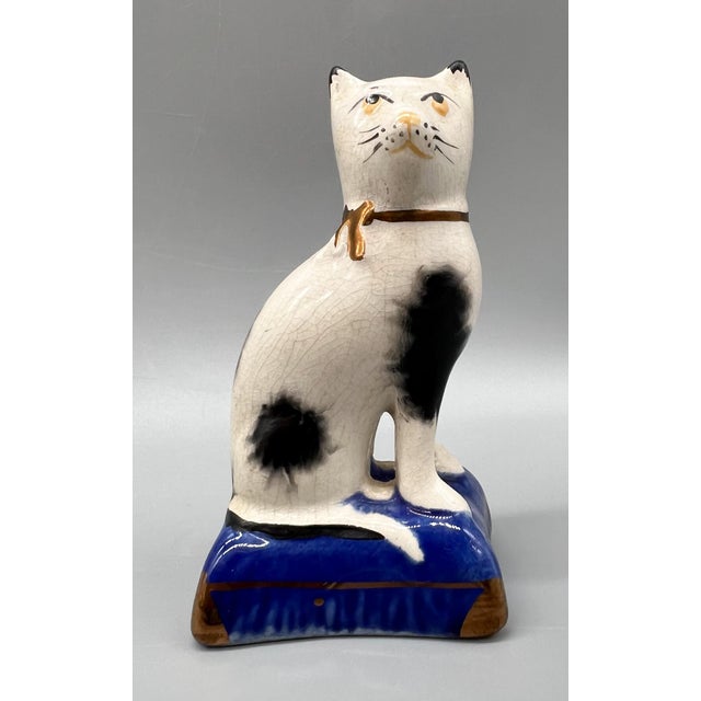 Late 20th Century Antique Black & White Cat Figurine on Blue Base – Staffordshire Pottery Style For Sale - Image 5 of 12
