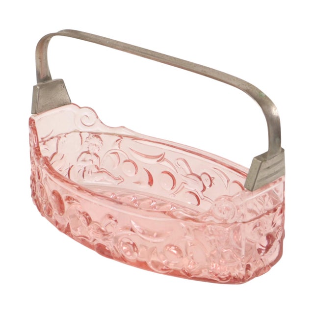 French Pink Depression Glass Jardinière Bowl with Cherubs and Birds For Sale - Image 4 of 18