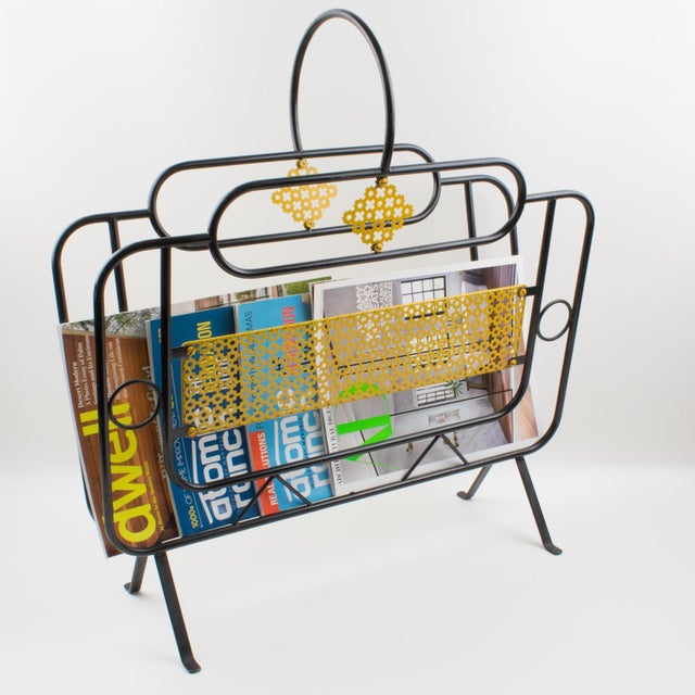 Yellow Mathieu Matégot Mid-Century Black, Yellow Lacquered Metal Magazine Holder For Sale - Image 8 of 17
