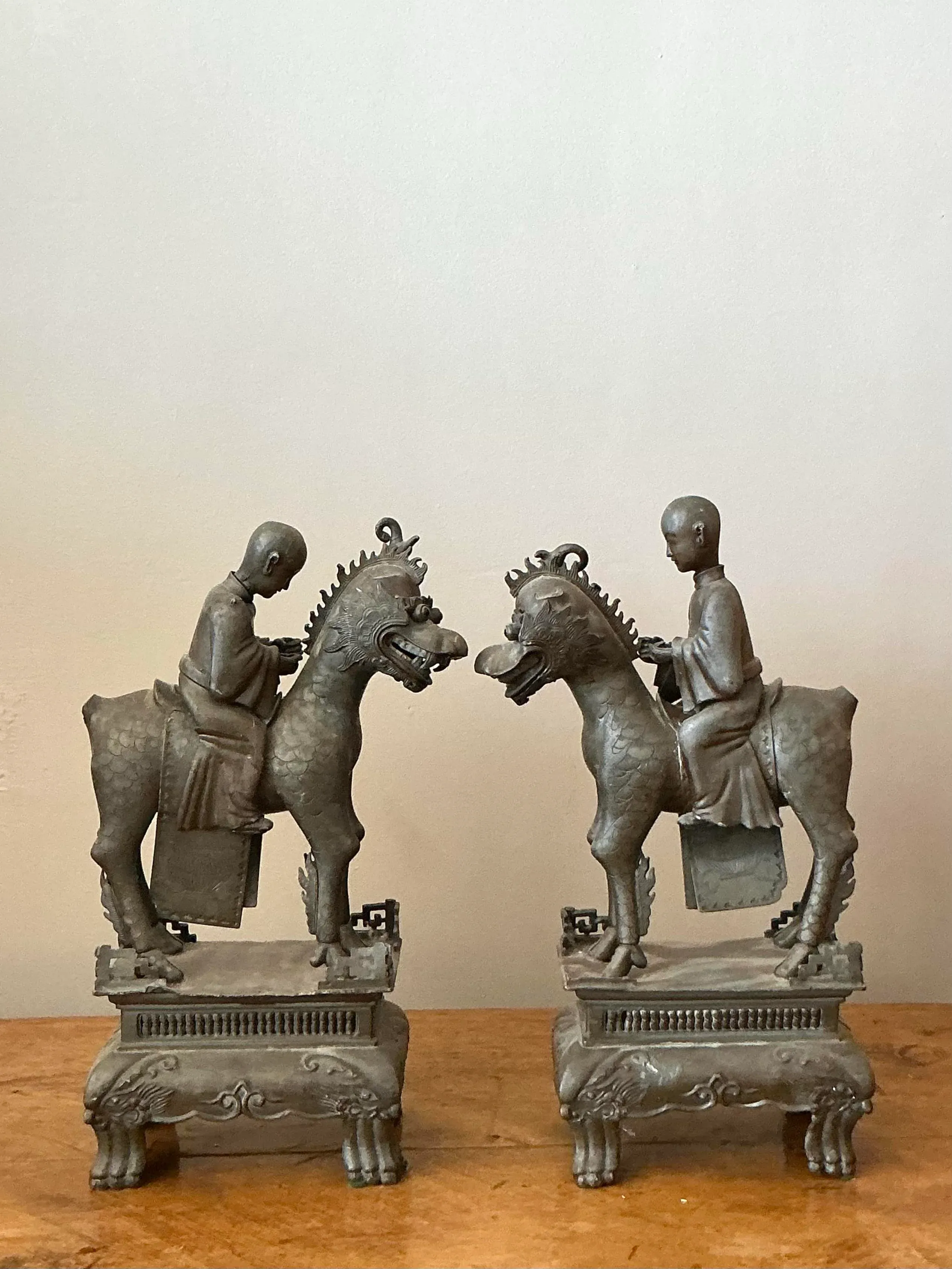 Vintage Asian Pewter Immortal Couple Garden Ornaments - Set of 2