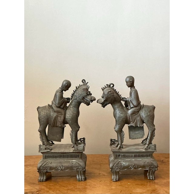 Vintage Asian Pewter Immortal Couple Garden Ornaments - Set of 2 For Sale - Image 10 of 10