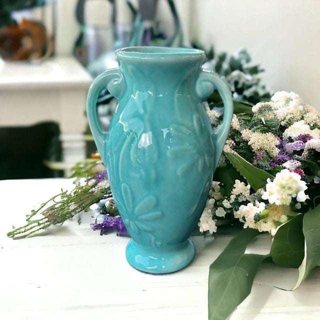 Vintage Mid-Century Turquoise Aqua Blue Floral Vase Shawnee Pottery For Sale - Image 10 of 10