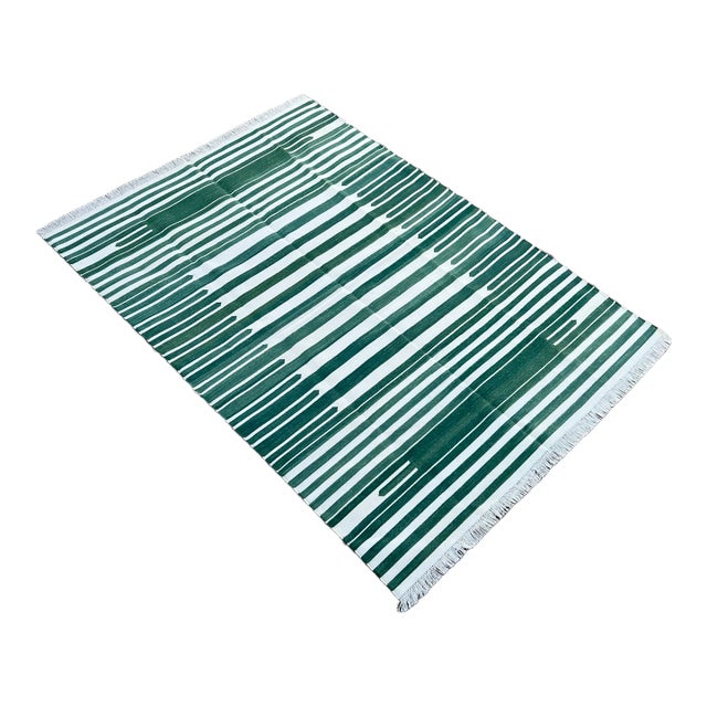 Not Yet Made - Made To Order Handmade Cotton Natural Vegetable Dyed Reversible Forest Green White Striped Rug Dhurrie - 10'x14' For Sale
