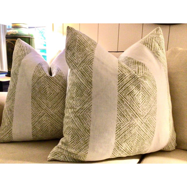 Contemporary Thibaut "Clipperton Stripe" in Green Pillows- a Pair For Sale - Image 3 of 4