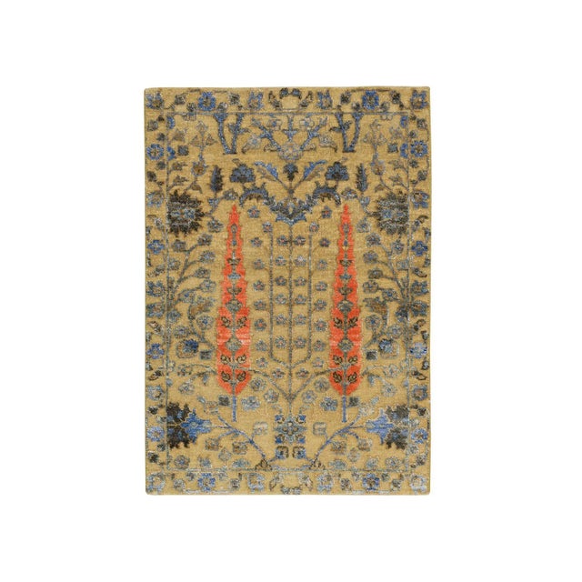 2010s Almond Brown, Hand Knotted Cypress Tree Design, Silk With Textured Wool, Mat Oriental Rug For Sale - Image 9 of 9