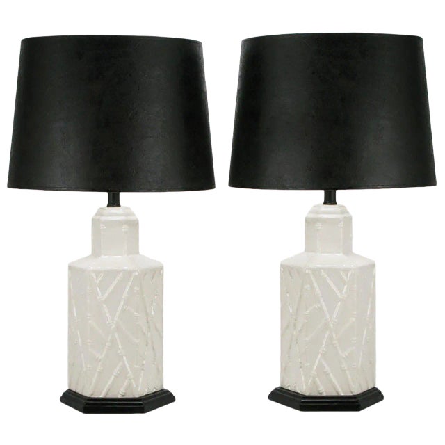 White Ceramic Hexagonal Bamboo Relief Table Lamps - a Pair For Sale
