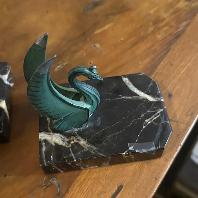 1930s Art Deco Marble and Green Metal French Swan Bookends- a Pair For Sale - Image 6 of 8