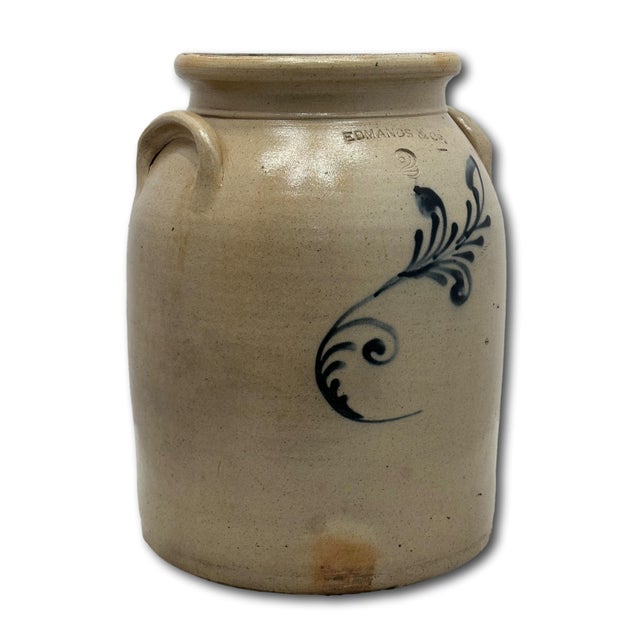 American Nice Antique American Blue Decorated 2 Gallon Size Stoneware Butter Churn by Edmonds & Co. Charlestown Massachusetts For Sale - Image 3 of 18