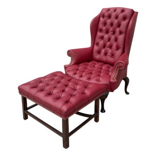Antique Queen Anne Red Tufted Leather Wingback Chair & Ottoman For Sale