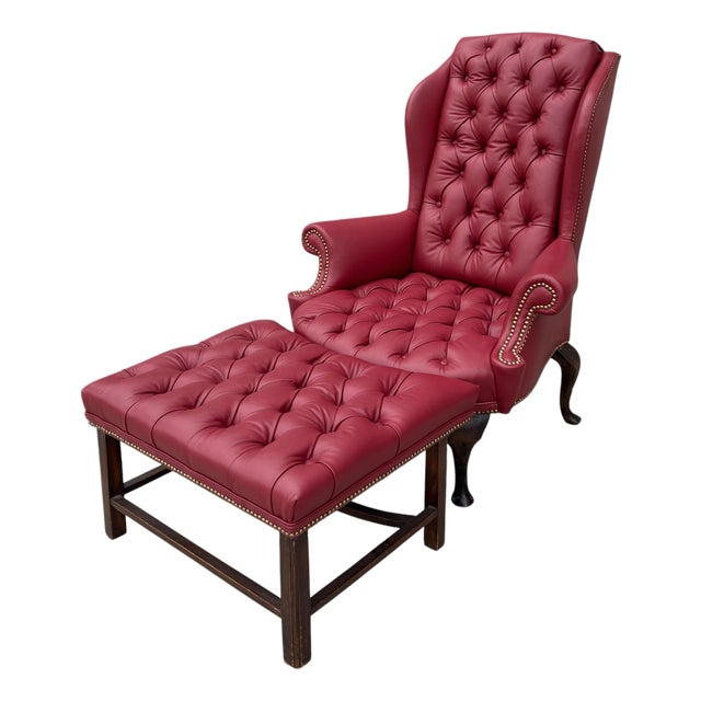 Antique Queen Anne Red Tufted Leather Wingback Chair & Ottoman For Sale