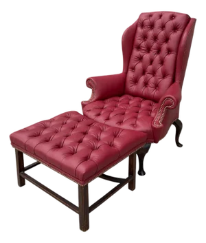 Antique Queen Anne Red Tufted Leather Wingback Chair & Ottoman