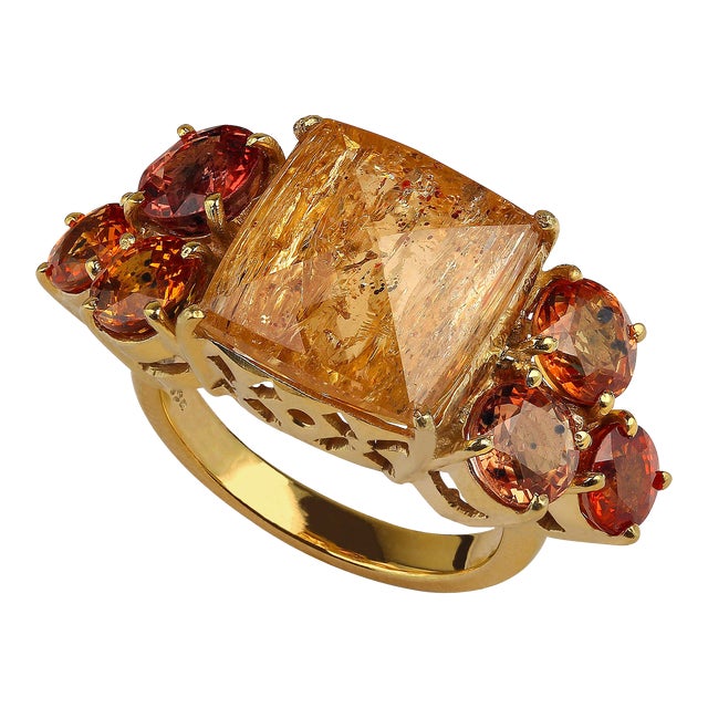 Bold Dinner Ring of Imperial Topaz and Songea Sapphires Size 7.25 For Sale