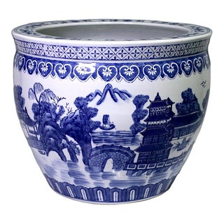 Large Vintage Chinese Porcelain Planter With Hand Painted Blue & White Temples & Lakes 18" For Sale
