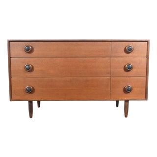 Mid 20th Century Low Six Drawer Teak Dresser With Leather Pulls For Sale