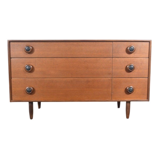 Mid 20th Century Low Six Drawer Teak Dresser With Leather Pulls For Sale