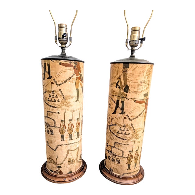 Mid 20th Century Americana Revolutionary War Decoupage Cylinder Lamps - A Pair For Sale