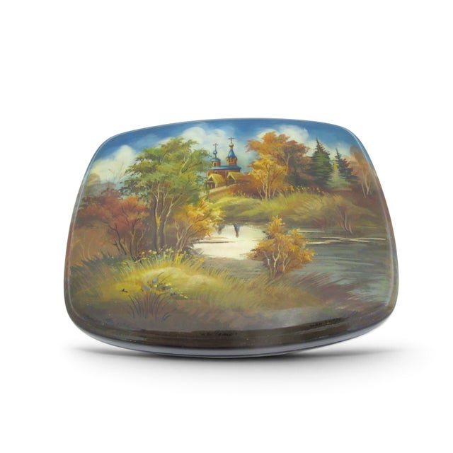 Russian Fedoskino hand painted lacquer box featuring a miniature landscape scene with a traditional Russian Orthodox...