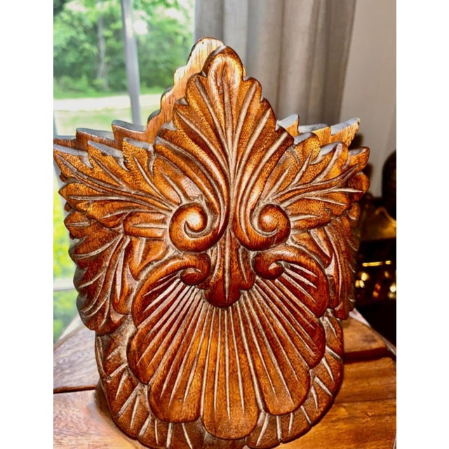 Pair of Vintage Mid-Century Hand-Carved Wooden Wall Shelves Features an Ornate, Deeply Detailed Scalloped Shell Design With a Rich, Warm Wood Finish. For Sale - Image 11 of 15