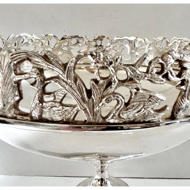 Vintage Silverplate Swan Pedestal Compote Bowl With Pierced Gallery Centerpiece For Sale - Image 9 of 10