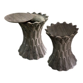 Set of Two Feathers Side Tables in Agra Grey Stone Handcrafted in India For Sale