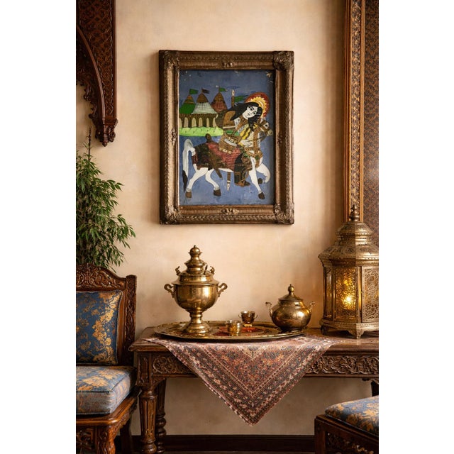 A captivating example of 19th-century Persian folk art, this reverse glass painting (Goll-o-Bolbol or similar traditional...