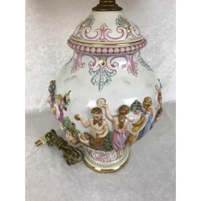 Ceramic Italian Capodimonte Porcelain Lamp • Sculpted Mythological Figures • Victorian‑Style Shade For Sale - Image 7 of 12