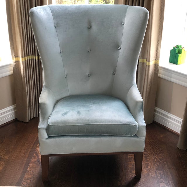 Modern Charles Stewart Blue Velvet Wingback Chair Chairish