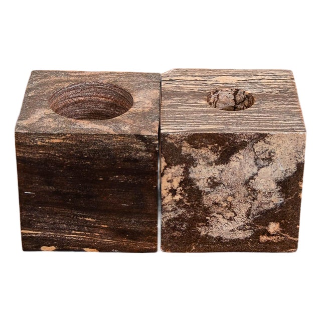 20th Mid Century Modern Art Cubed Marble Candleholders Veins Pair of Two For Sale
