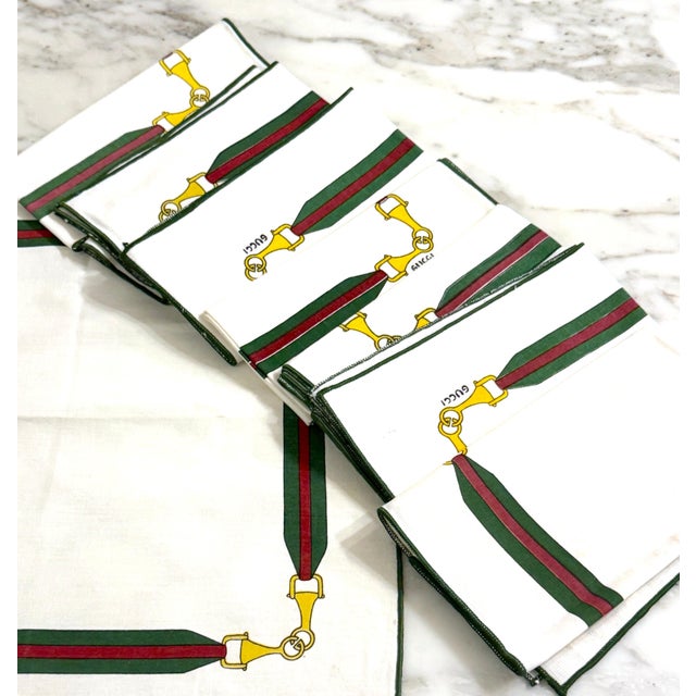 1980s 8 Vintage Aldo Gucci Equestrian Napkins with Horsebit Motif, Signed, 1980s For Sale - Image 5 of 11