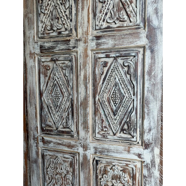 Mid-Century Modern Distressed Hand-Carved Wooden Barn Door With Metal Studs – Vintage Sliding Door Panel 84x36 For Sale - Image 3 of 6