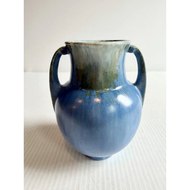 Mid-Century Modern Vintage Roseville Pottery Tourmaline Double Handled Vase Blue & Green Glaze 6” For Sale - Image 3 of 9