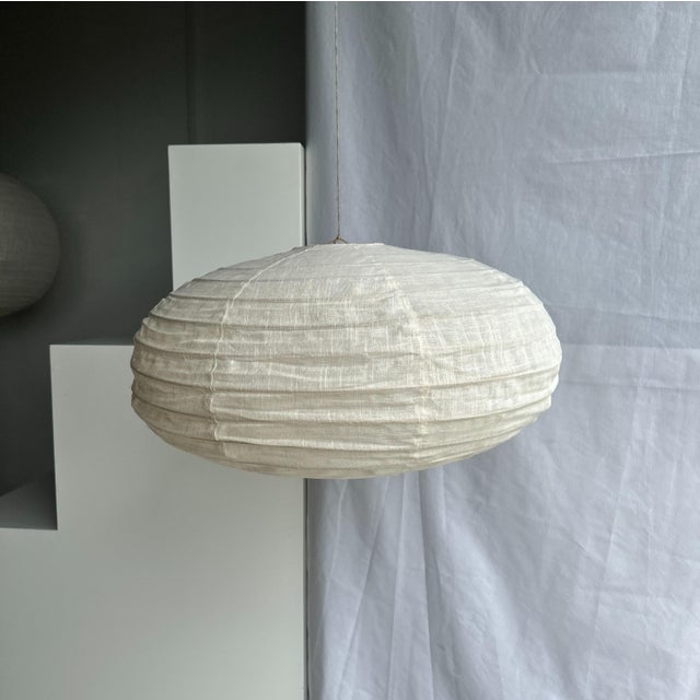 Large Oval Flattened Pendant Light in Rattan and Natural Linen, 1980s For Sale - Image 3 of 9