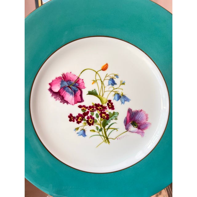1940s Rare Set of Hand-Painted Minton Floral Dinner Plates With Aqua Band and Gilt Rim // Signed by Artist J Colclough // Set of 9 For Sale - Image 11 of 12